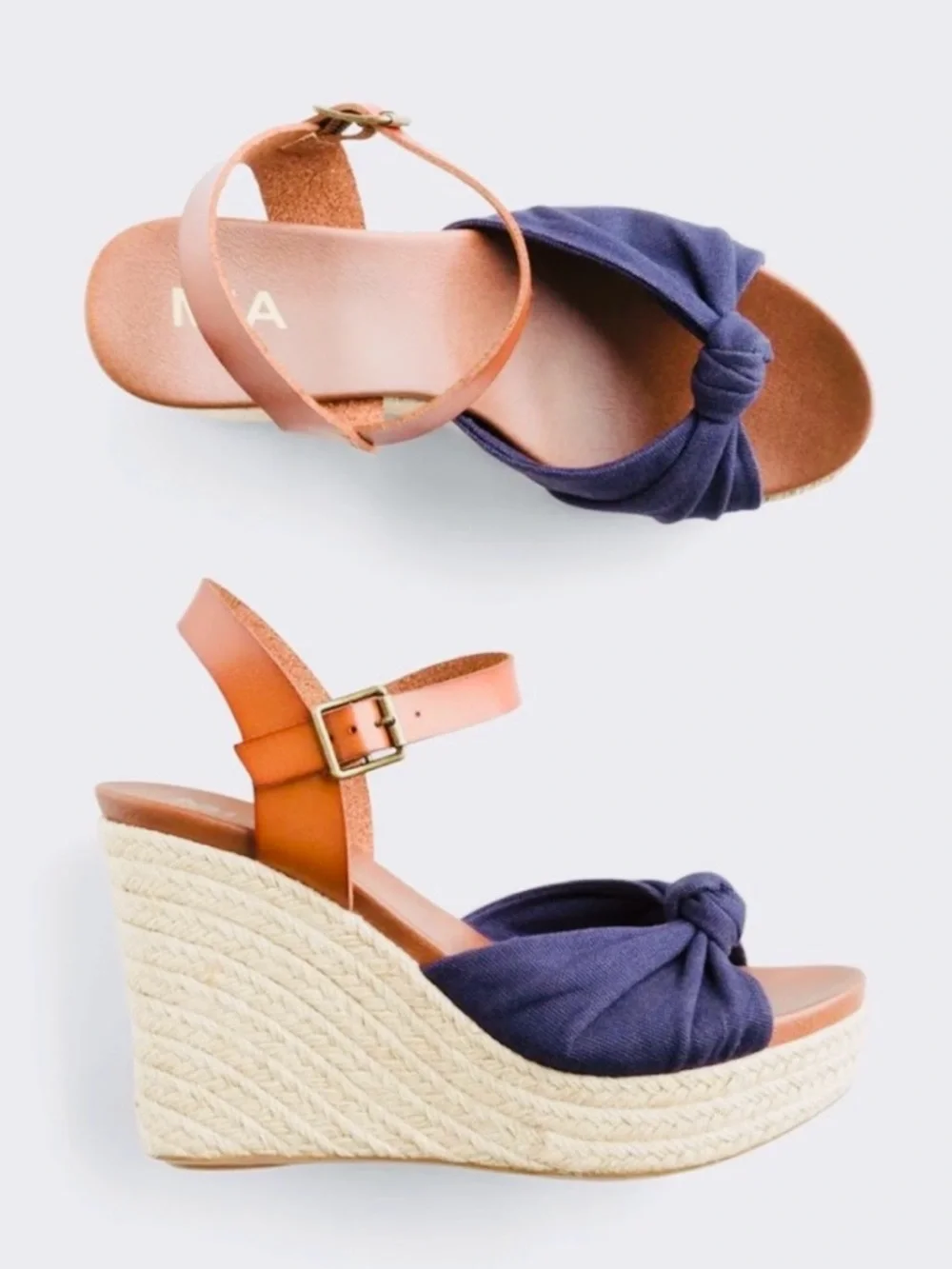 MIA Navy Lorryan Knot Espadrille Wedge Sandals with Tan Ankle Strap - Picture 1 of 10